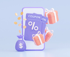 A gift coupon on a mobile phone with gifts and a money bag. 3d rendering - obrazy, fototapety, plakaty