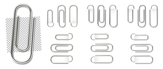 Steel paper clips. Isolated attach fastener, metal clip with shadow vector set