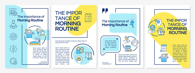 Morning routine importance blue and yellow brochure template. Booklet print design with linear icons. Vector layouts for presentation, annual reports, ads. Questrial-Regular, Lato-Regular fonts used