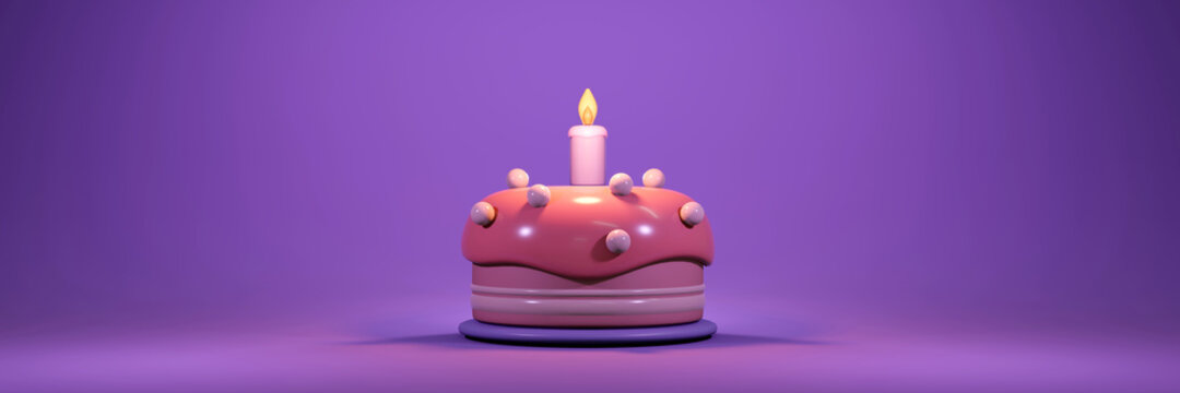 3D Rendering of birthday cake with candle in dark pastel theme concept of birthday party banner. 3D Render illustration.