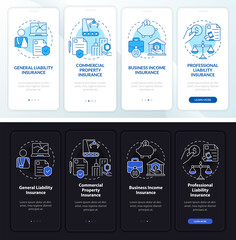 Insurance types day and night theme onboarding mobile app screen. Security walkthrough 4 step graphic instructions pages with linear concepts. UI, UX, GUI template. Myriad Pro-Bold, Regular fonts used