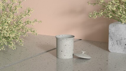 Naklejka premium 3D background, stone pan on natural leaf shadow pastel beige backdrop. Tropical product promotion Beauty cosmetics display. 