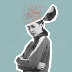 Modern design, contemporary art collage. Inspiration, idea, trendy urban magazine style. Chaos, mess in woman's head on blue background