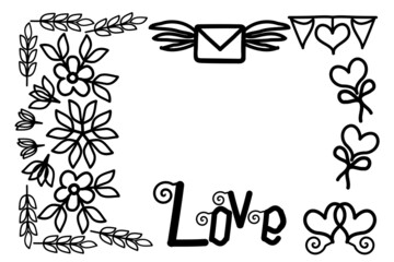 Valentine's day, a set of letters with wings, hearts, balloons, flags, flowers, drawings with black strokes, on a white background, for design and print