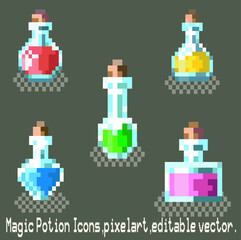 Icons of magic potions,pixelart,revitalize,power,energy,healing,editable vector.
