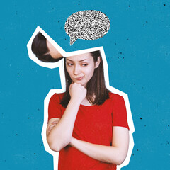 Modern design, contemporary art collage. Inspiration, idea, trendy urban magazine style. Blank noise in woman's head on blue background