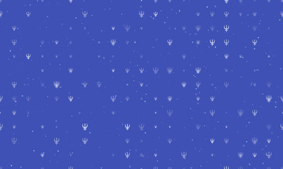 Seamless background pattern of evenly spaced white astrological neptune symbols of different sizes and opacity. Vector illustration on indigo background with stars