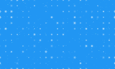 Seamless background pattern of evenly spaced white astrological sextile symbols of different sizes and opacity. Vector illustration on blue background with stars