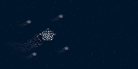 Fototapeta na wymiar A pot symbol filled with dots flies through the stars leaving a trail behind. Four small symbols around. Empty space for text on the right. Vector illustration on dark blue background with stars