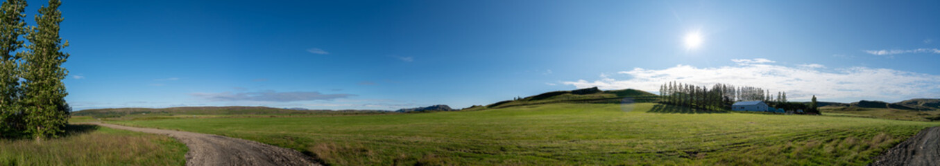 Panorama of a green landscape in Iceland