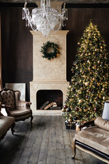  living room with a decorative fireplace and Christmas tree
