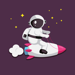 Fototapeta premium Cute astronaut riding rocket cartoon vector illustration