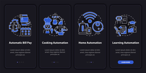 Everyday life automation night mode onboarding mobile app screen. Walkthrough 4 steps graphic instructions pages with linear concepts. UI, UX, GUI template. Myriad Pro-Bold, Regular fonts used