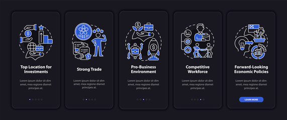 Doing business in Singapore night mode onboarding mobile app screen. Walkthrough 5 steps graphic instructions pages with linear concepts. UI, UX, GUI template. Myriad Pro-Bold, Regular fonts used
