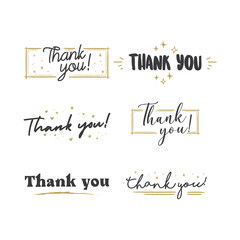 Thank you text lettering collection. Thanks message in hand drawn style typo. Handwriting letter with golden frames collection.