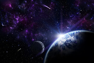 Planets, stars, comets, galaxies in space. Big blue planet and moon. Space art, fantastic wallpaper. Sunrise over the planet.