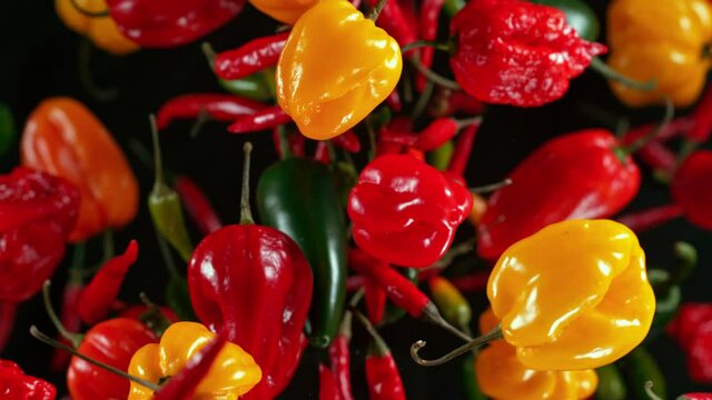 Super Slow Motion Shot of Flying Mixed Chilli Peppers Towards Camera at 1000fps.