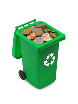 Green recycling bin with euro coins isolated on white background