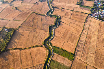 Agricultural barren fields with irrigation canal in farmland at countryside