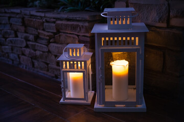 Christmas glass lanterns with burning candle, big and small lantern, Christmas, holiday, new year, Christmas Eve