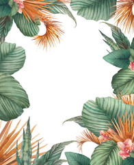 Fototapeta na wymiar Hexagon tropical plants card. Hand drawn summer cover design with exotic branches, orchid flowers, palm tree. Greeting or invitation template.