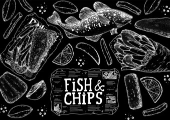Fish and chips sketch vector illustration. British pub food. Hand drawn sketch. Cooking fish and chips. Engraved hand drawn vintage image. Menu design template.