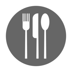 cutlery sign with simple fork, knife and spoon on grey circle for food symbol isolated on white background
