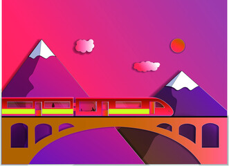 Beautiful cartoon flat train in eps 10,vector illustration of highspeed transport with bridge,cloud,sun and mountains in pink and violet colours, can be used as a background,icon,book illustration