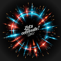 Explosion of festive fireworks on a dark background. Vector image. Radial blurred circles of fire, flashes of lights, bright glow, energy of particle movement. Place for your text.