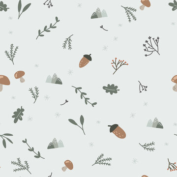 Forest, Seamless Pattern For Holiday Wrap, Wallpaper For Children's Room. Woodland Creatures. Minimalism, Fade Print.