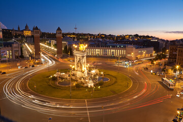 Aerial long exposure shot of the center of Barcelona, Spain at night