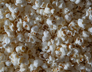 Top View of White Popcorn in Natural Evening Light. Typical Snack to Buy at the Cinemas. 