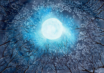 Watercolor illustration of dark blue night sky with shining moon and black silhouettes of trees against sky background