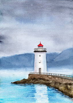 Watercolor illustration of a white lighthouse on a stone embankment extending into the blue sea, with foggy mountains on the horizon under a gloomy sky