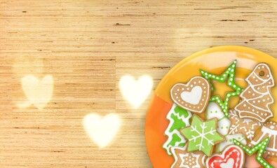 Delicious gingerbread Christmas cookies on desk