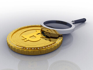 3d rendering bitcoin sign currency gold coin search concept

