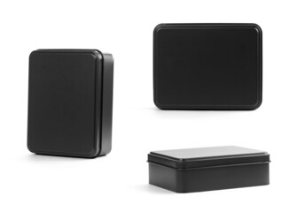 A black metal box. Seth from different sides. Close up. Isolated on a white background
