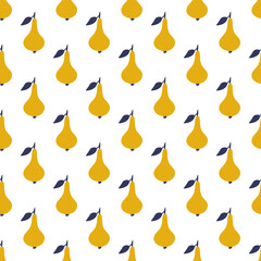 Yellow pear fruits with blue leaves on a white background. Vector pattern