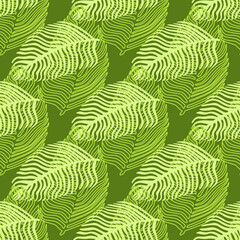 Fototapeta na wymiar Abstract palm leaf seamless pattern with hand drawn foliage print. Simple Jungle background. Vector illustration for seasonal textile prints.