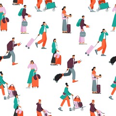 Fototapeta na wymiar Seamless vector pattern with people, suitcases, baggage, walkin at the airport.