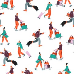 Seamless vector pattern with people, suitcases, baggage, walkin at the airport.