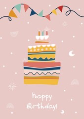 Happy birthday card, big cake and candles, flags bunting cartoon style vector illustration