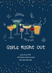 Girls night out invitation poster, club entertainment for women, bachelorette party event vector illustration