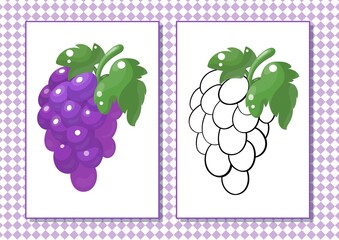 Printable worksheet. Coloring book. Cute cartoon grape. Vector illustration. Horizontal A4 page Color violet.