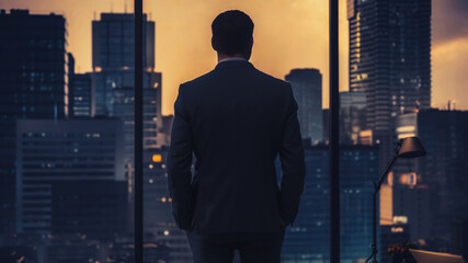Fototapeta na wymiar Thoughtful Young Businessman in a Perfect Tailored Suit Standing in His Modern Office Looking out of the Window on Big City in the Evening. Successful Finance Manager Planning Project Strategy.