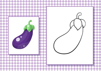 Printable worksheet. Coloring book. Cute cartoon eggplant. Vector illustration. Horizontal A4 page Color violet.
