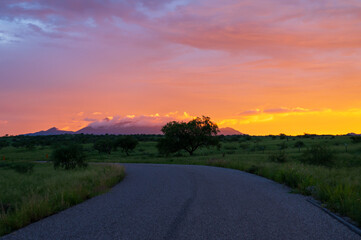 Vibrant sunset in Sonoita Arizona, road leading into the distance. 