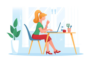 Girl sit at table and work on laptop