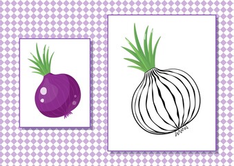Printable worksheet. Coloring book. Cute cartoon onion. Vector illustration. Horizontal A4 page Color violet.