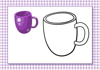 Printable worksheet. Coloring book. Cute cartoon cup. Vector illustration. Horizontal A4 page Color violet.